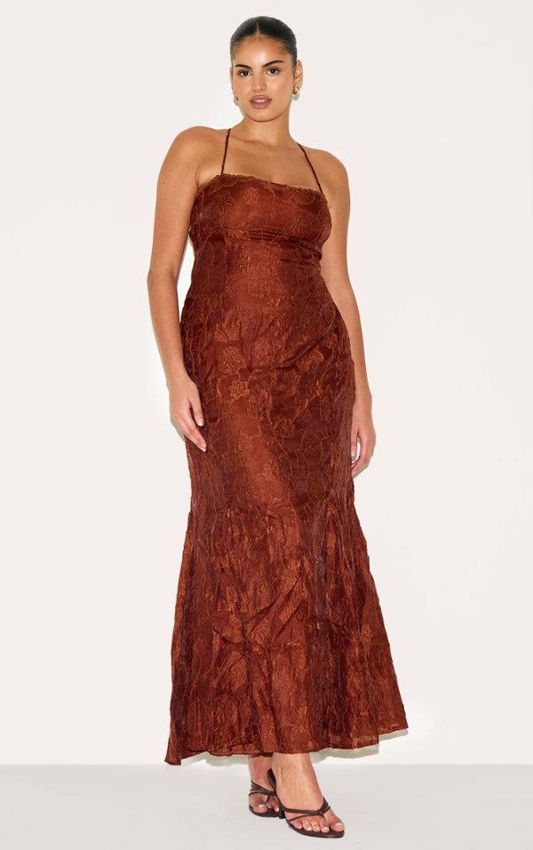 Plus Chestnut Textured Lace Up Back Maxi Dress