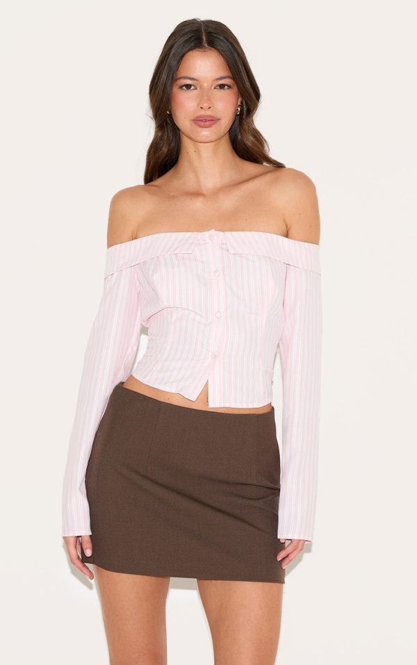 Pink Striped Bardot Peach Skin Shirt