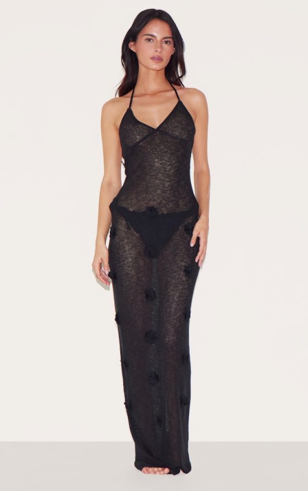 Black Floral Applique Knit Maxi Beach Dress