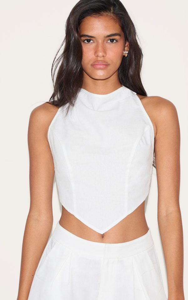 White Linen Look Woven Open Back Top