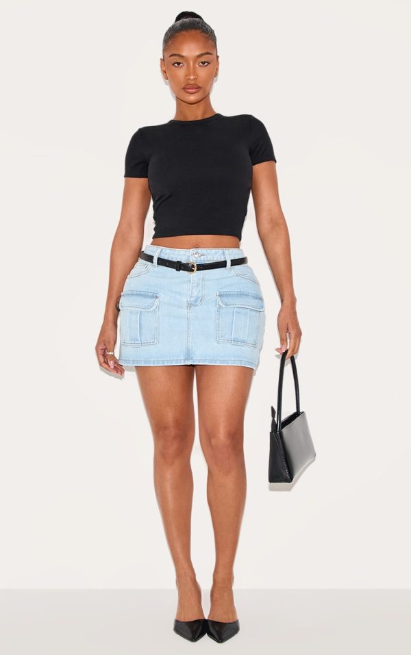 Shape Light Blue Wash Denim Low Rise Micro Mini Skirt