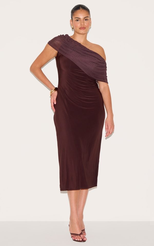Plus Dark Chocolate Double Layer Slinky Mesh Overlay Maxi Dress