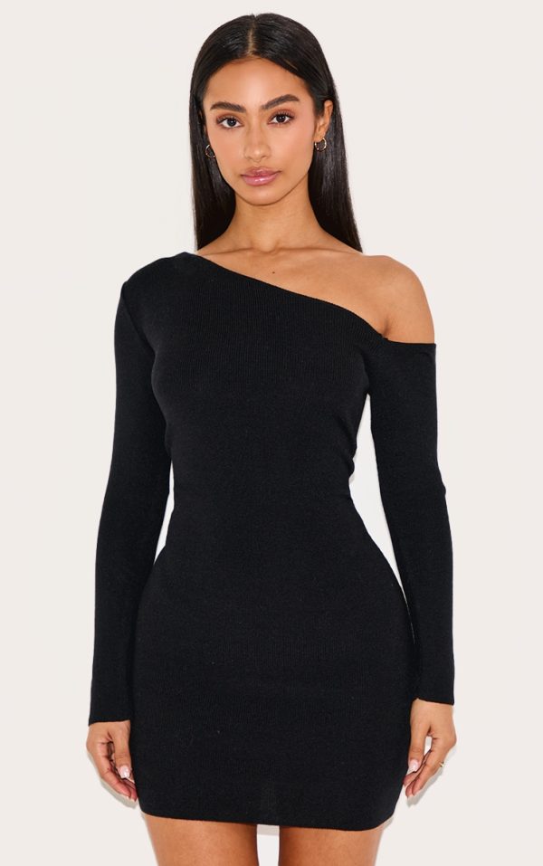 Petite Black Asymmetric Shoulder Ribbed Mini Dress