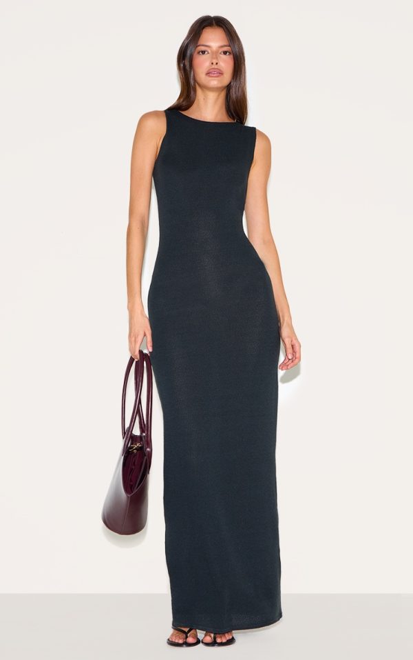 Black Textured Boat Neck Sleeveless Maxi Dress
