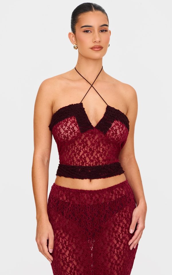 Burgundy Textured Lace Contrast Detail Top