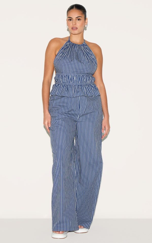 Plus Indigo Stripe Woven Mid Rise Wide Leg Pant