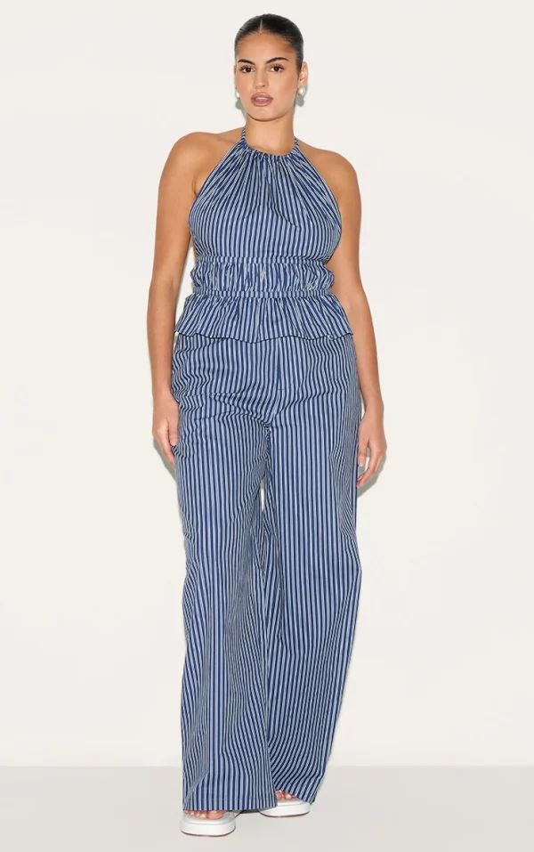 Plus Indigo Stripe Woven Mid Rise Wide Leg Pant