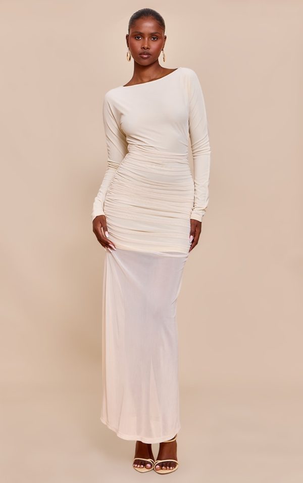 Butter Yellow Ruched Long Sleeve Maxi Dress