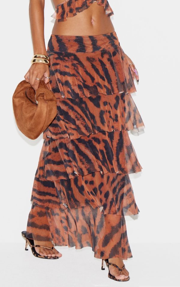 Brown Animal Printed Mesh Rara Maxi Skirt