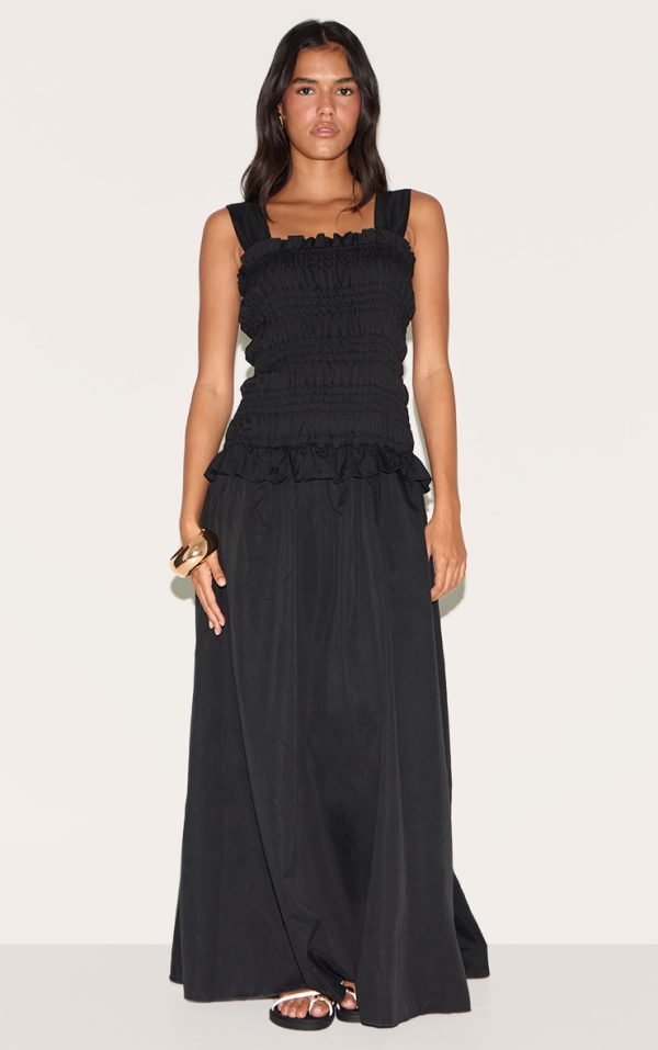 Black Shirred Frill Detail Maxi Dress