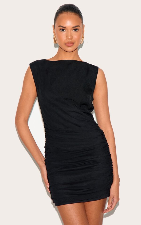 Black Woven Wrap Ruched Mini Dress