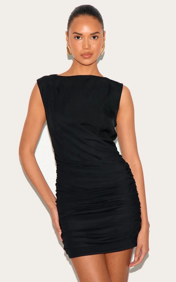 Black Woven Wrap Ruched Mini Dress