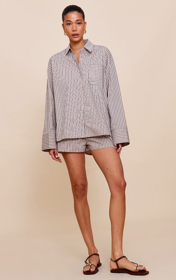Stone Pinstripe Woven Elastic Waist Floaty Shorts