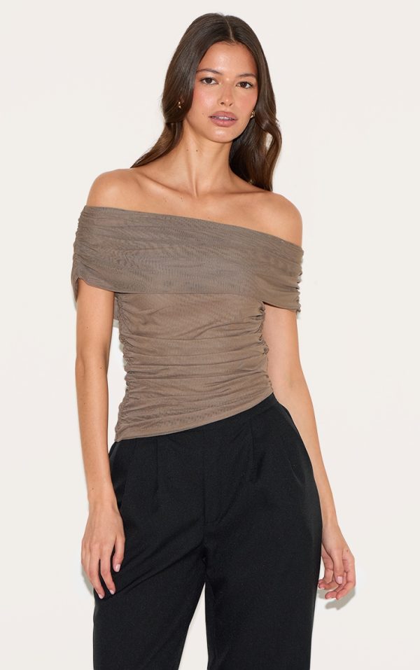 Mushroom Mesh Foldover Ruched Bandeau Top
