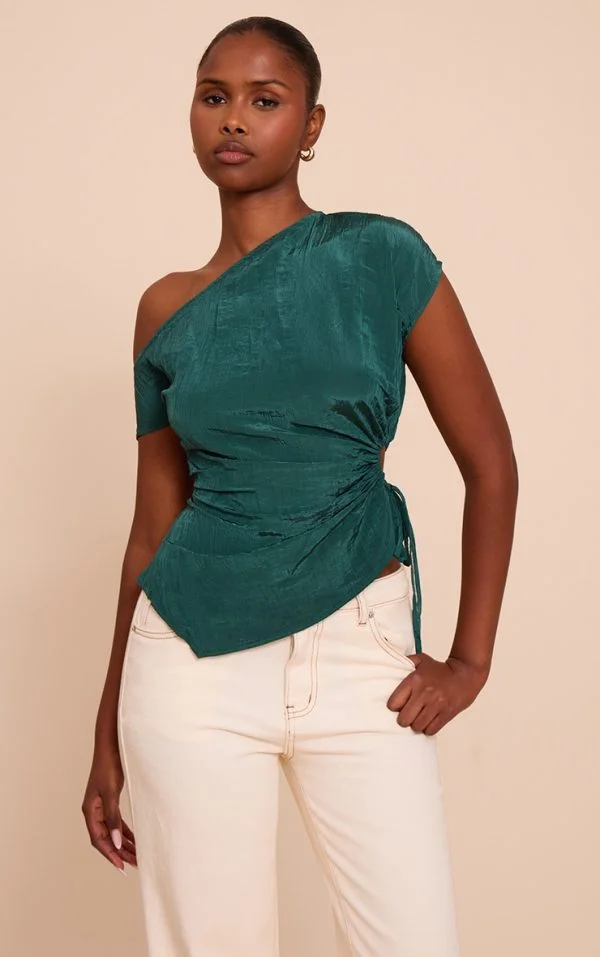 Teal Crinkle Matte Satin Cut Out Long Top