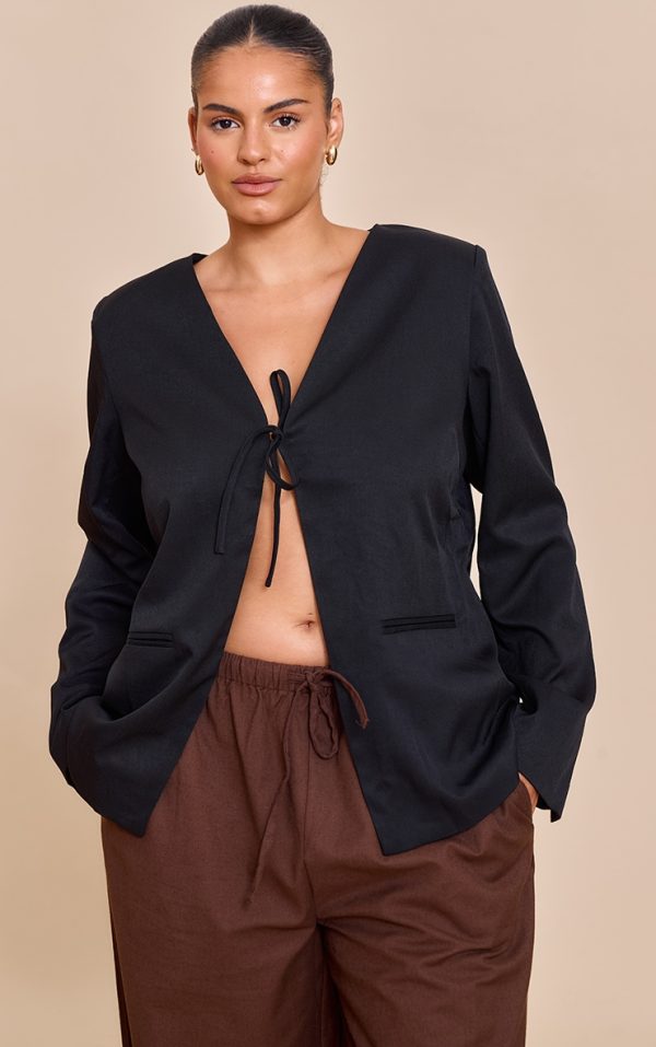 Plus Black Tie Up Boxy Blazer