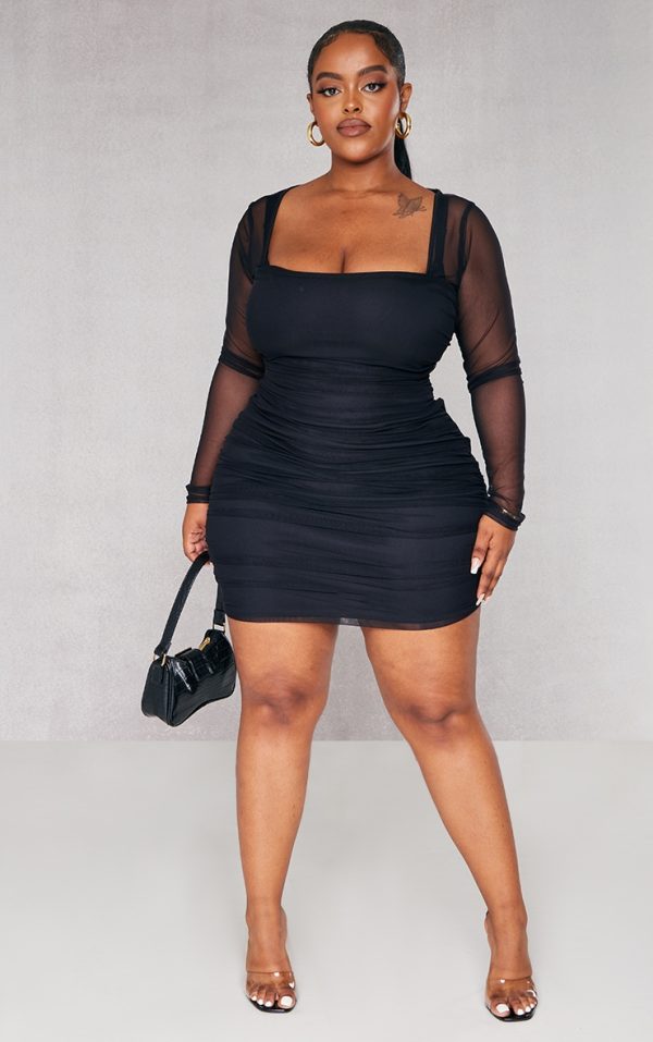 Plus Black Mesh Square Neck Ruched Bodycon Dress