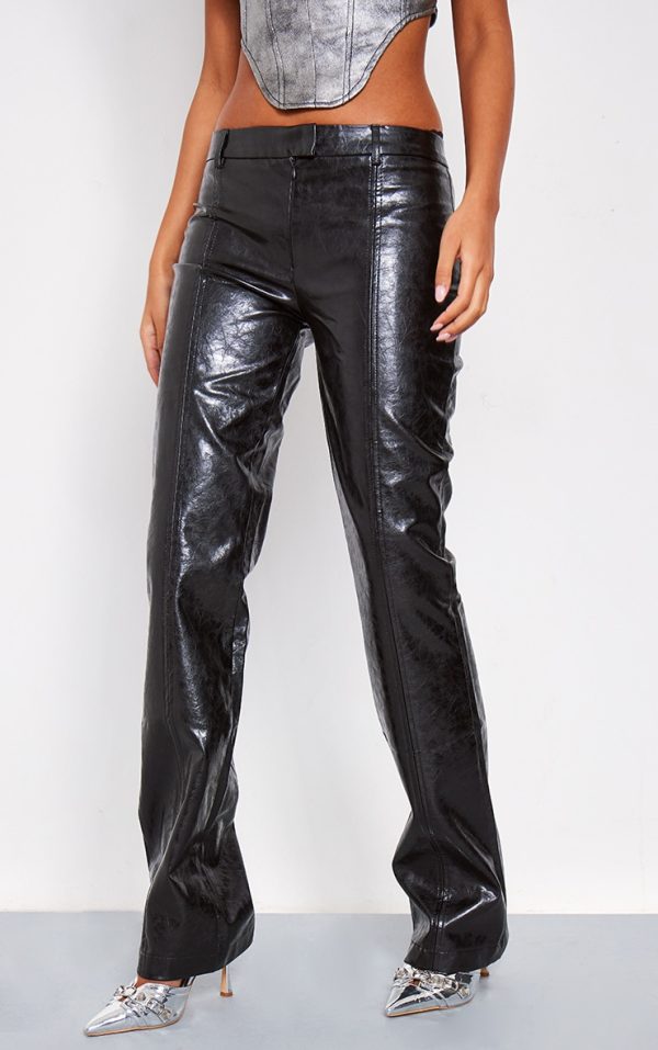 Tall Black Faux Leather Low Rise Textured Straight Leg Pants