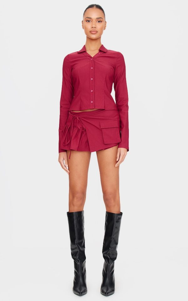 Burgundy Woven Frill Cargo Detail Skort