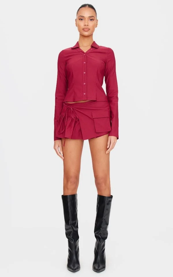 Burgundy Woven Frill Cargo Detail Skort