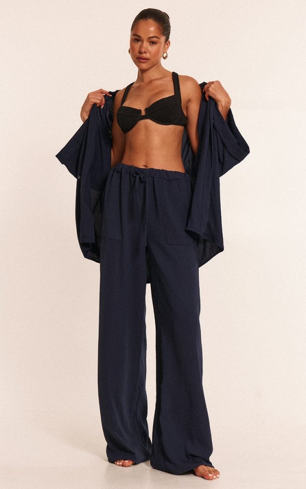 Navy Linen Look Drawstring Beach Pants