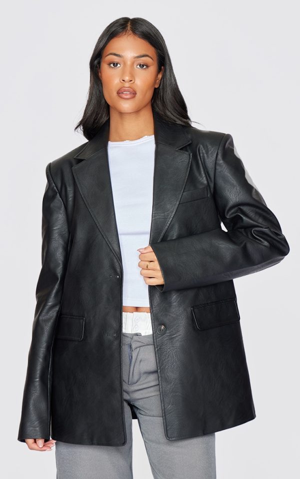 Tall Washed Black Textured Faux Leather Blazer