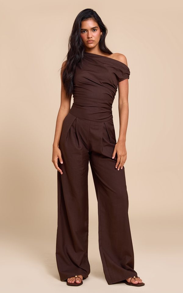 Chocolate Woven Ruched One Sleeve Jumpsuit