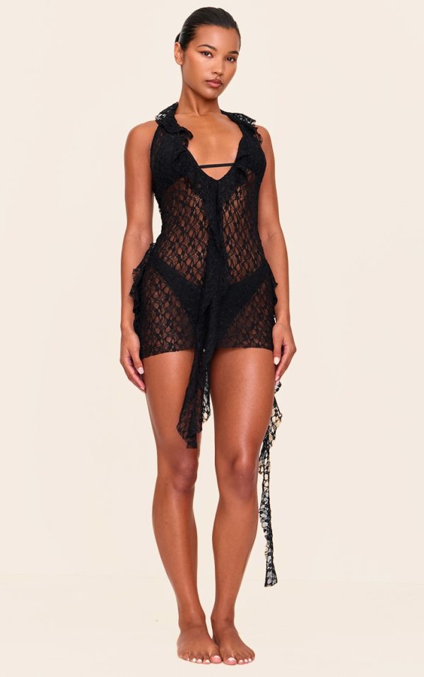 Black Frill Lace Detail Mini Beach Dress