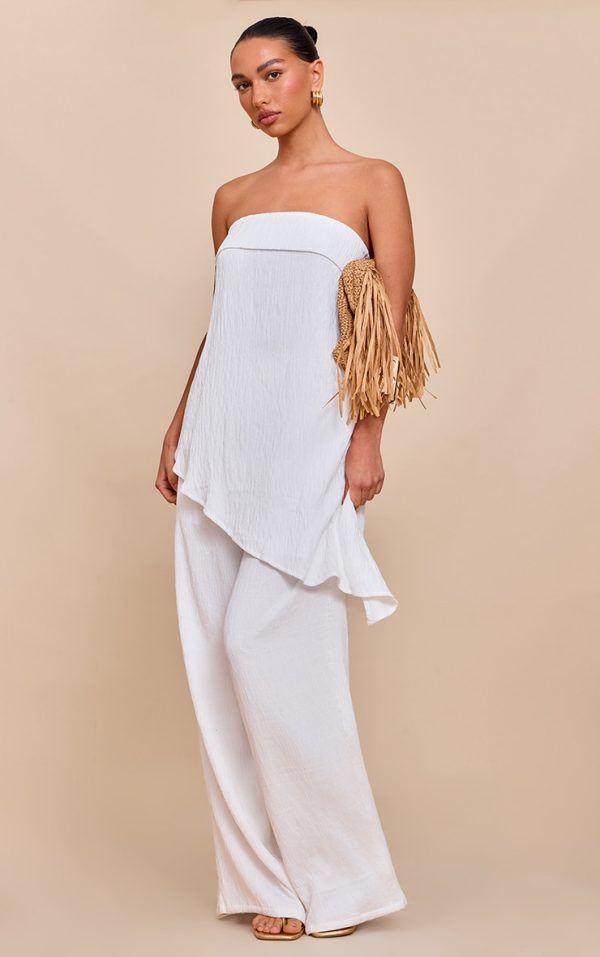 White Textured Wide Leg Pants