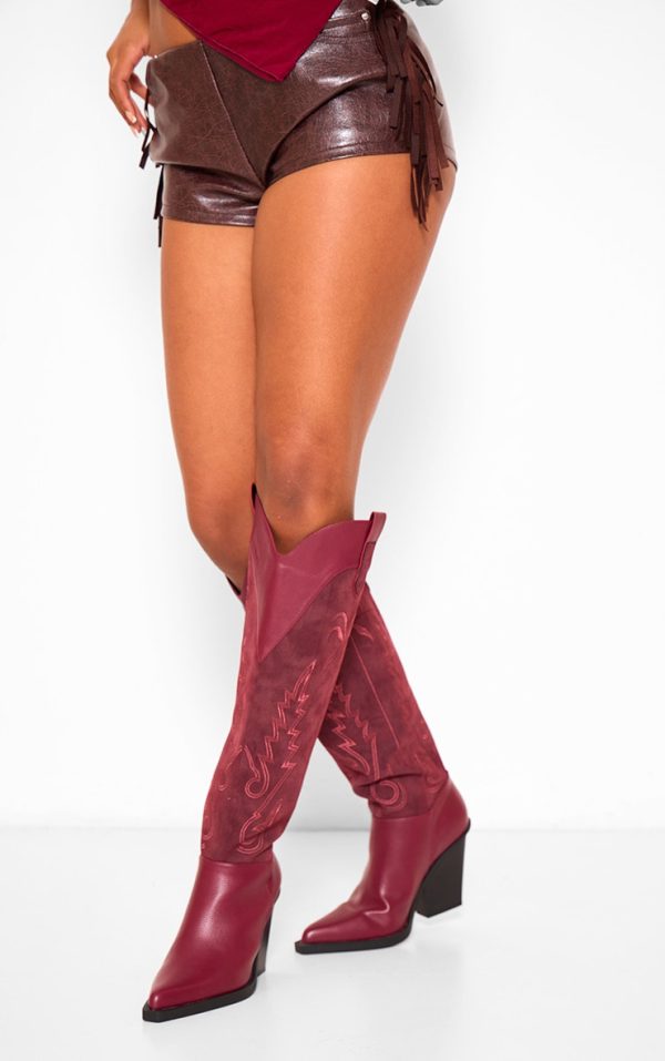 Burgundy Faux Suede Point Toe Knee High Stitch Detail Block Heel Western Boots