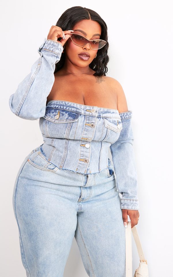 Plus Light Blue Wash Button Up Bardot Denim Corset