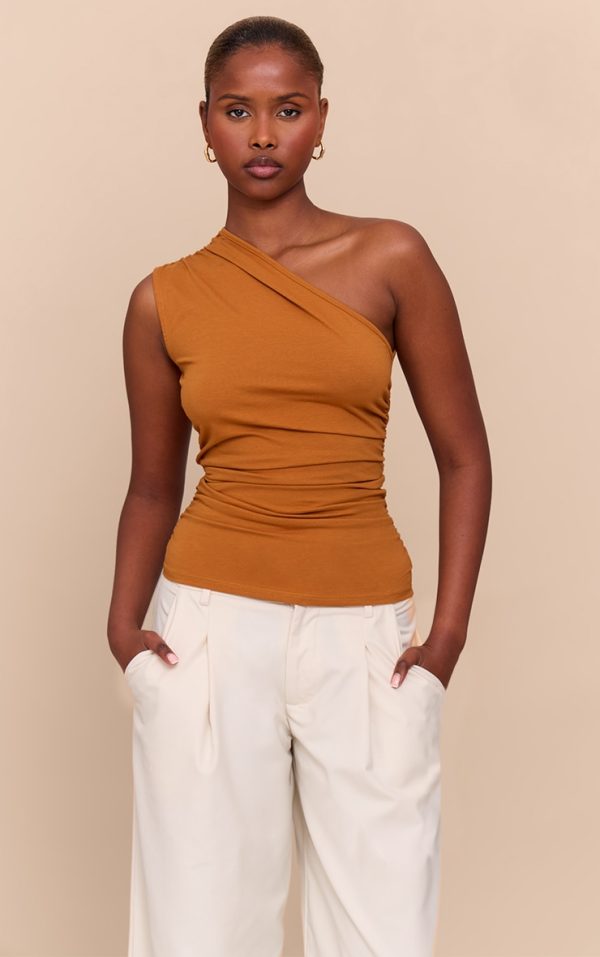 Tan Asymmetric Ruched Sleeveless Long Top