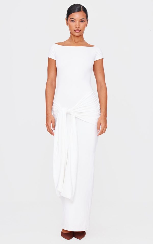 Cream Double Contour Boat Neck Wrap Maxi Dress