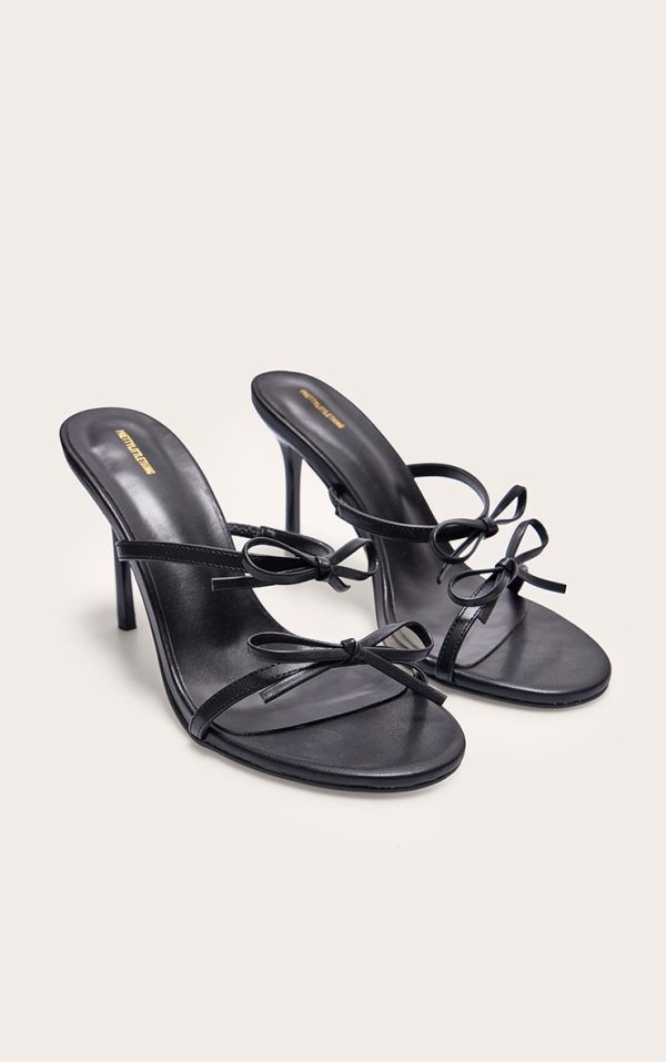 Black PU Round Toe Bow Strap High Stiletto Heeled Mules