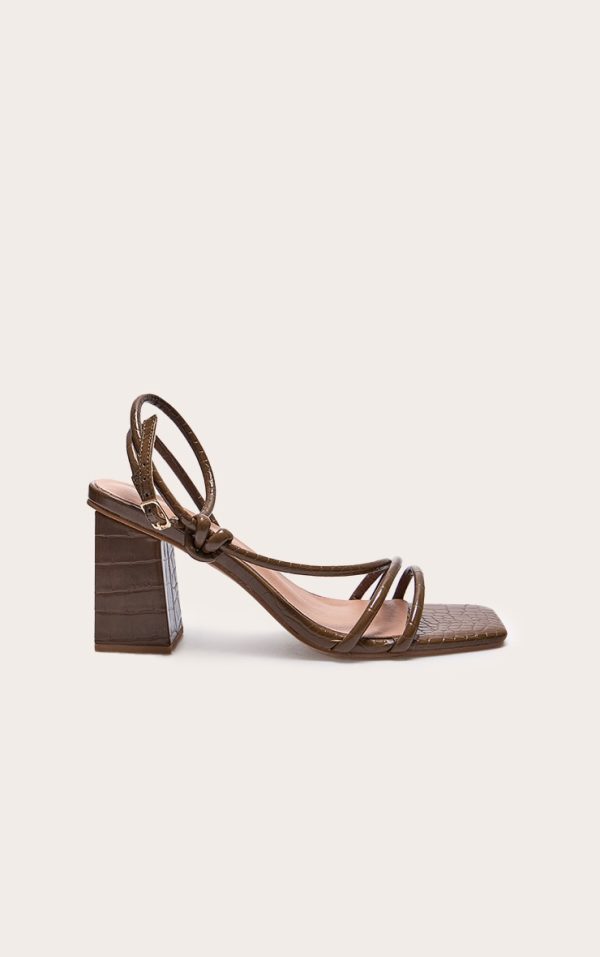 Chocolate Croc PU Square Toe Strappy Tube Asymmetric Block Heeled Sandals