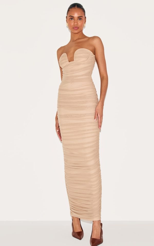 Mushroom Mesh Ruched Bandeau Maxi Dress
