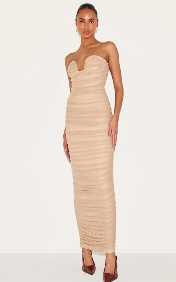 Mushroom Mesh Ruched Bandeau Maxi Dress