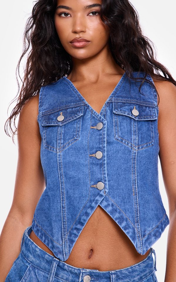 Indigo Blue Wash Halterneck Button Front Denim Vest