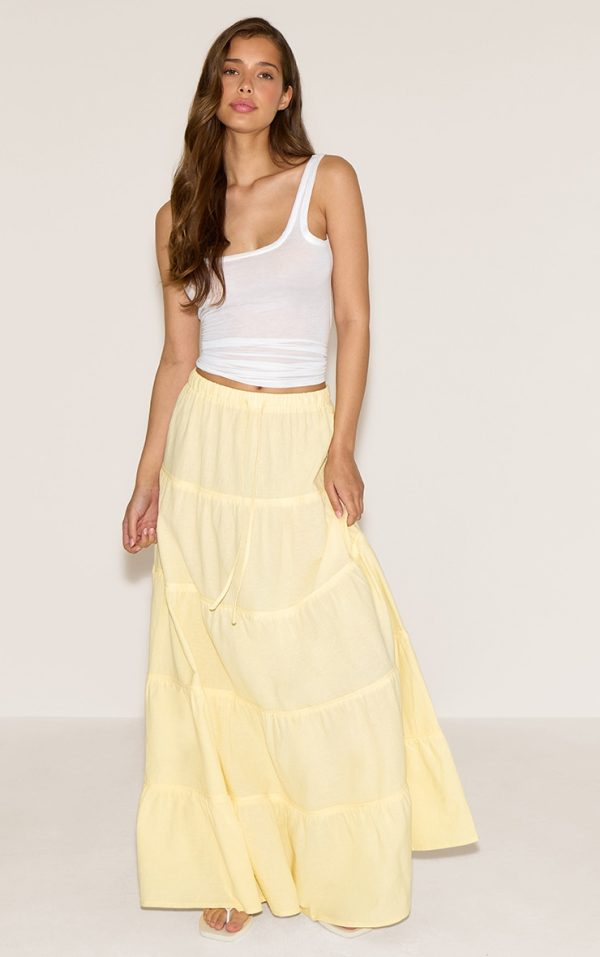 Lemon Cotton Tiered Drawstring Waist Maxi Skirt