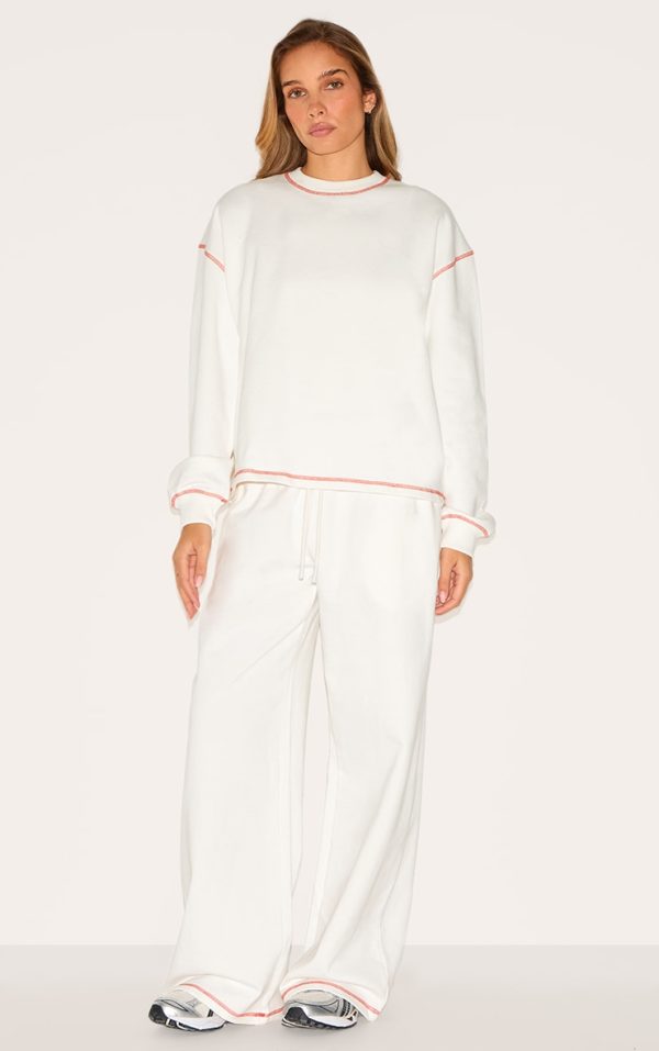 Cream Contrast Stitch Loopback Wide Leg Sweatpants