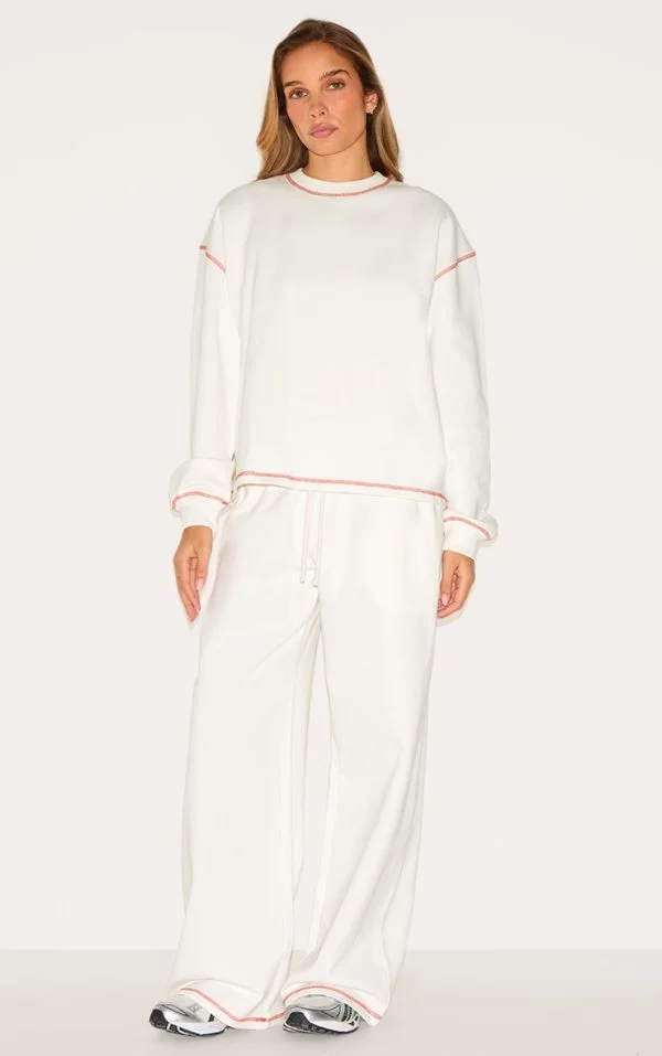 Cream Contrast Stitch Loopback Wide Leg Sweatpants