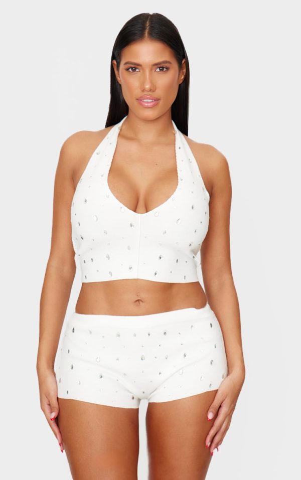 Shape Cream Knitted Diamante Halter Neck Top