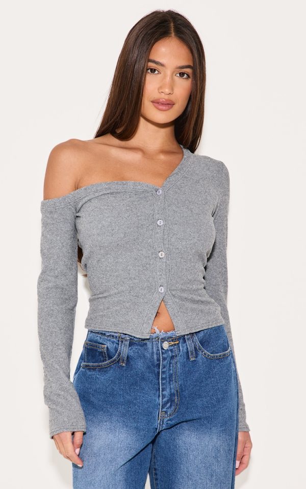 Charcoal Soft Touch Rib Asymmetric Detail Long Sleeve Top