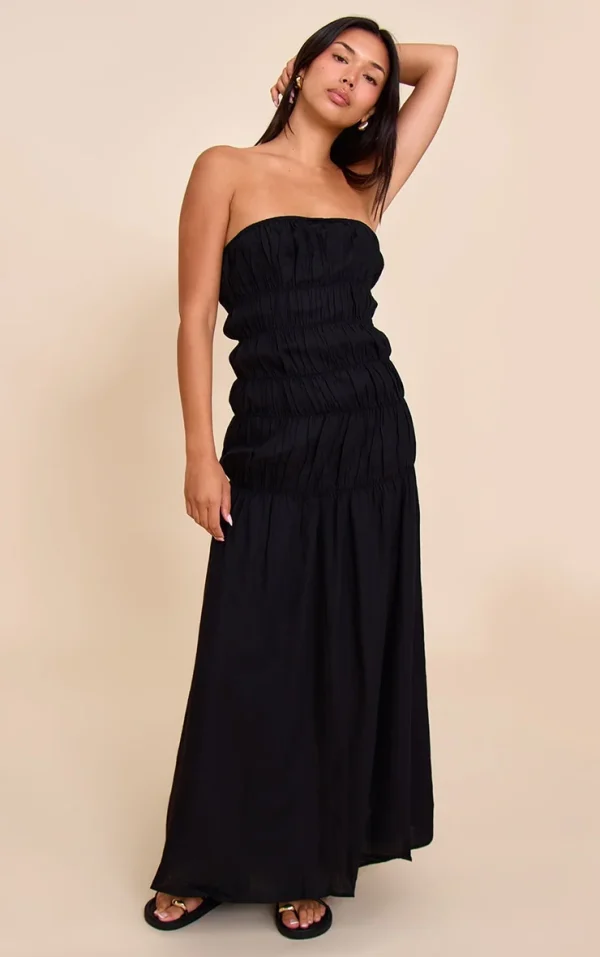 Black Bandeau Ruched Detail Maxi Dress