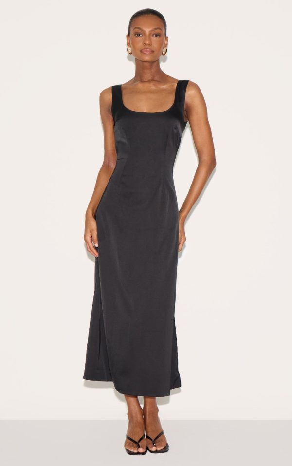 Black Satin Drop Waist Midi Dress