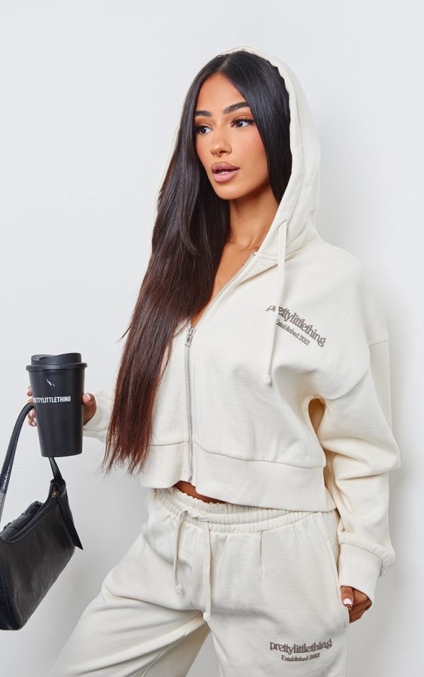 PRETTYLITTLETHING Petite Cream Premium Print Zip Front Hoodie