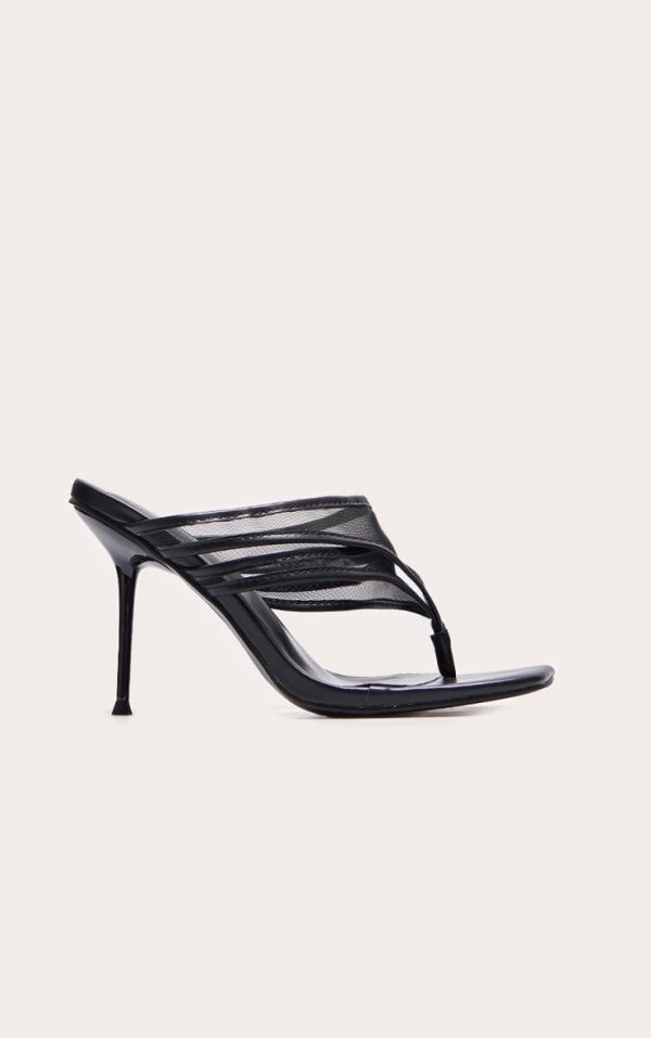 Wide Fit Black Square Toe Double Mesh Toe Thong High Stiletto Heeled Mules