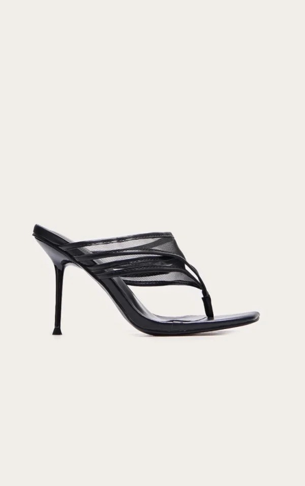 Wide Fit Black Square Toe Double Mesh Toe Thong High Stiletto Heeled Mules