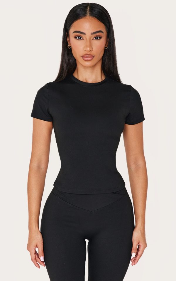 Petite Black Sculpt Longline Short Sleeve Gym Top