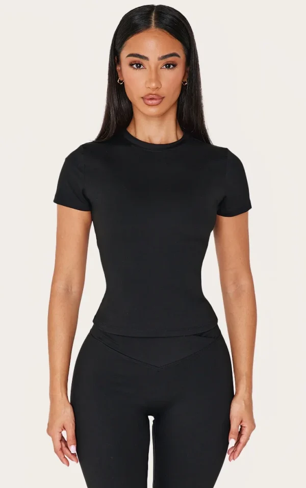 Petite Black Sculpt Longline Short Sleeve Gym Top